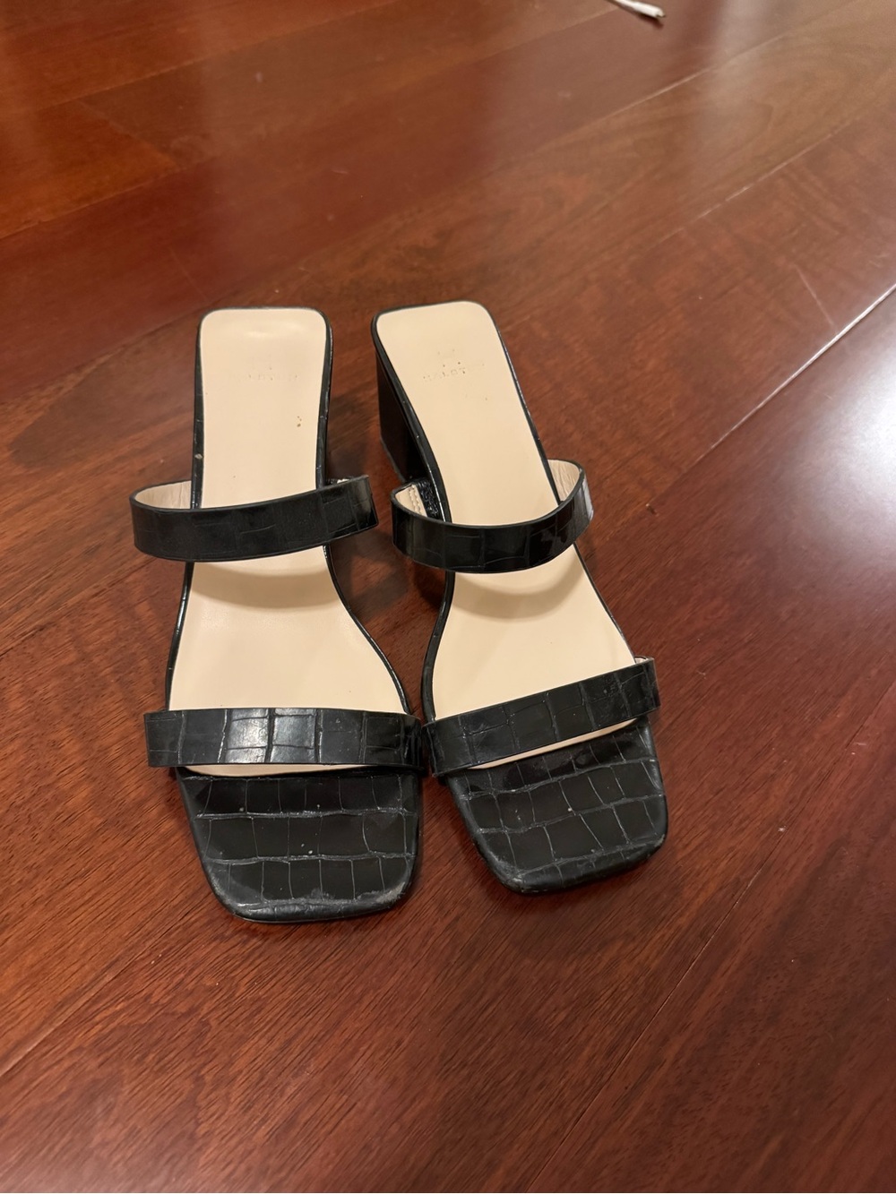 H by Halston Black Croc-Embossed Double-Strap Mule Sandals